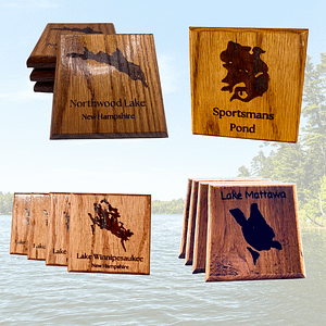 Custom Lake or Pond Map Red Oak Coasters — Personalized Lake Design (Set of 4)