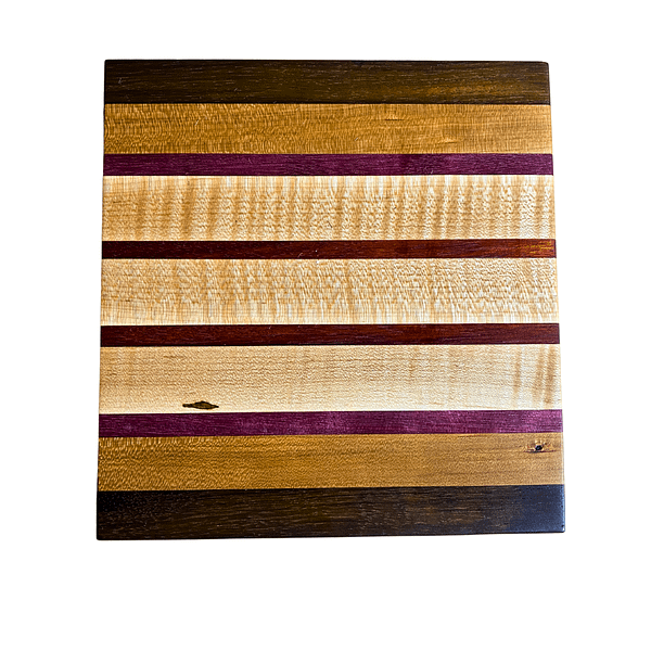 1 Edge Grain Hardwood Cutting Board | 8.5" x 8.25" x 1.25" | Peruvian Walnut, Cherry, Curly Ambrosia Maple, Purpleheart & Bloodwood