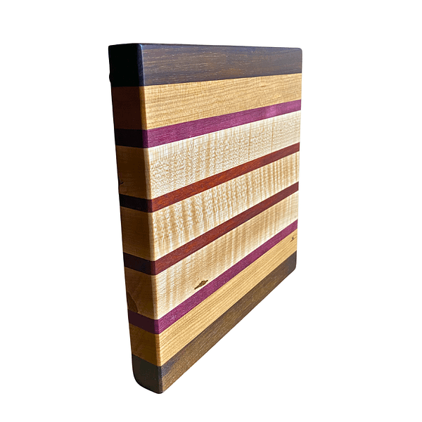4 Edge Grain Hardwood Cutting Board | 8.5" x 8.25" x 1.25" | Peruvian Walnut, Cherry, Curly Ambrosia Maple, Purpleheart & Bloodwood